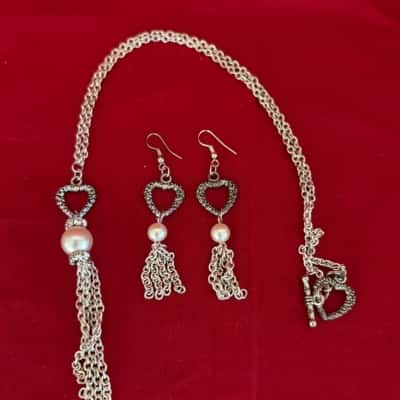 Women's Monet Tassel Necklace and Earrings  Set Featuring Silver Tone Heart Pendant and Faux Pearls