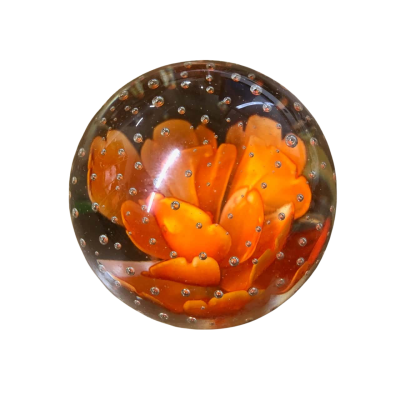 Paperweight Orange Flower with Controlled Bubbles - Vintage