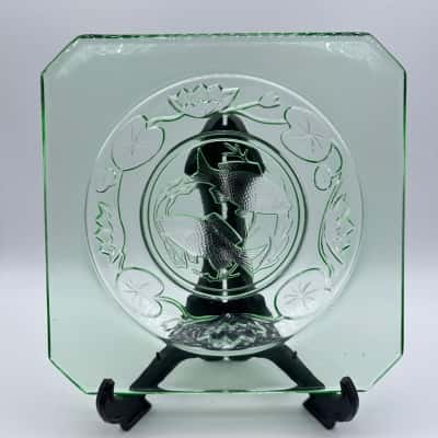 Gorgeous 1930’s Art Deco Bagley Uranium Glass Square “ Fish & Water Lillies” Dish