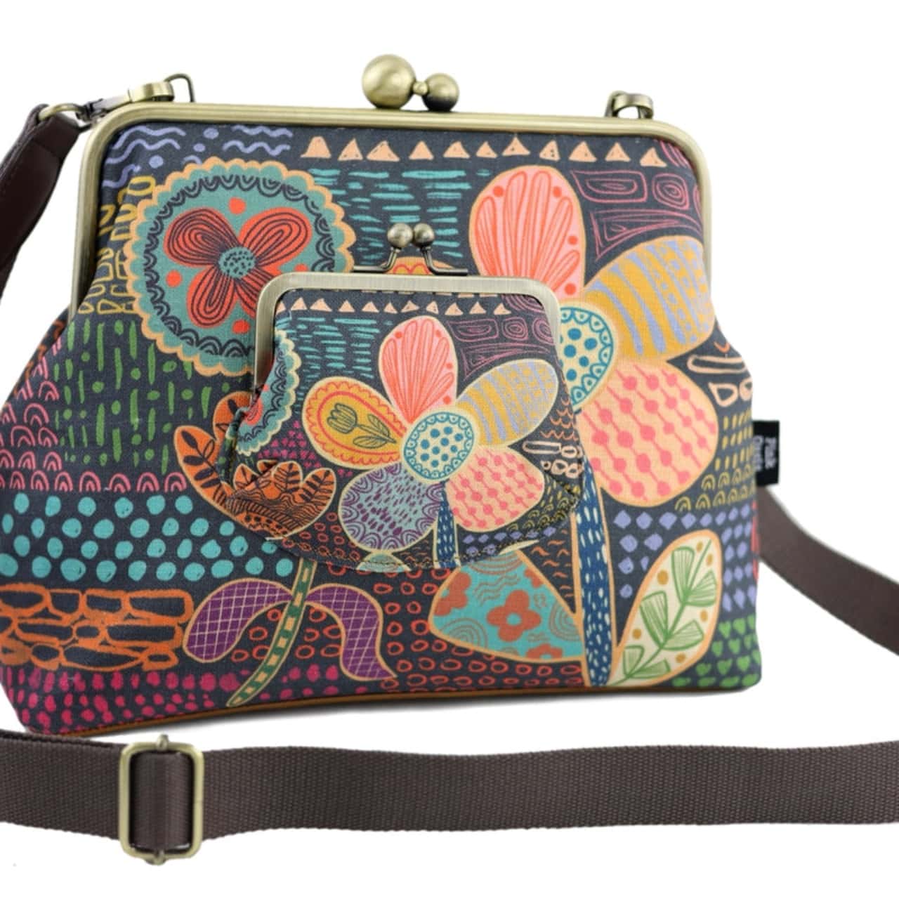 Pink Oasis Doodle Flora Handbag and Crossbody 2 Way Bag, Leather and Linen, Brand New with Tags