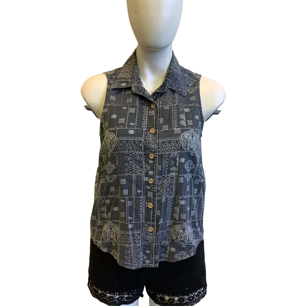 Handsom Women's Size S Sleeveless Shirt Faded Black with White Pattern