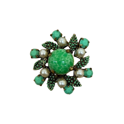  Vintage Green & Gold Tone Costume Jewellery Brooch 