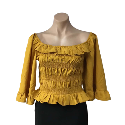 Girls on Film Womens UK Size 14 / Mustard Shirred Frilly Short Sleeve Cropped Top