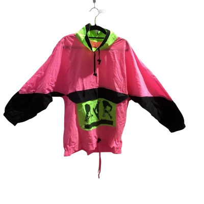 Super Cool 1980s Flouro Womens  Size S Windbreaker Black  / Green / Pink  