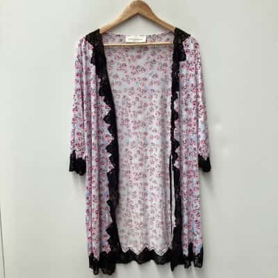 Peter Alexander Short Dressing Gown Blue with Pink Flowers and Black Trim - Size S