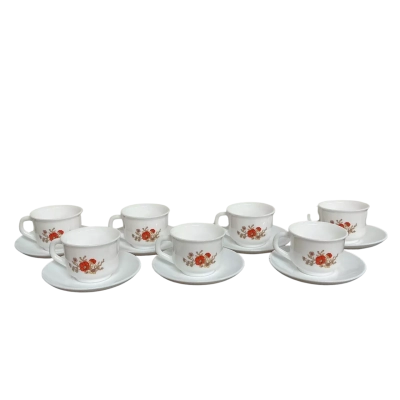 Set of 7 Vintage Made in France Arcopal Tea Cups & Saucers