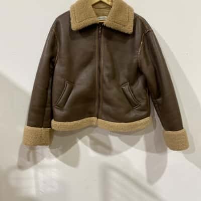 Atmos&Here Faux Leather Aviator Jacket Womens  Size 10 Brown 