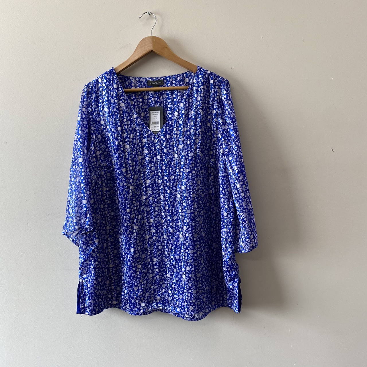 ** REDUCED LAST CHANCE** Autograph Women’s Size 14 Floral Top 3/4 Sleeve White/Blue/Gold New