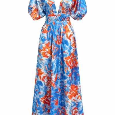 Pink Diamond Blue & Orange Floral Puff-Sleeve Maxi Dress – Size 10