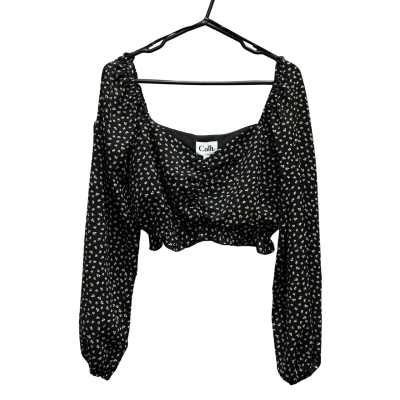 New With Tags CALLI Women’s  Size 12 Olivia Frill Top / Cropped Top / Long Sleeve Top Black  /  Yellow / Daffodil Floral RRP:$79
