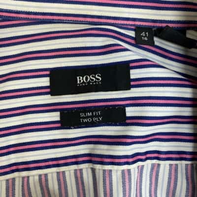 Mens Boss Hugo Boss Size 16 Long Sleeve Shirt Blue / Navy Blue / Pink  / Striped / White 