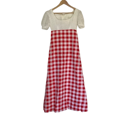 Vintage 70s*.   Seersucker Red Gingham Empire Waist Maxi Dress. Womens  Size S 