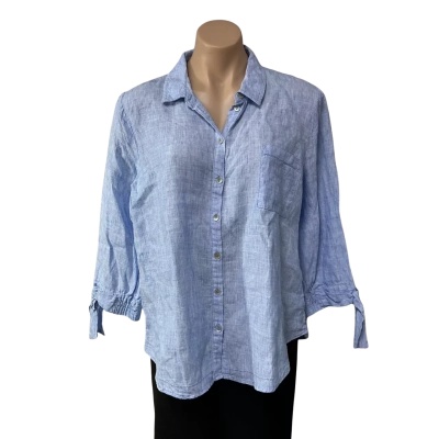 Blue Illusion Womens Size L Blue / White 100% Linen 3/4 Sleeve Shirt