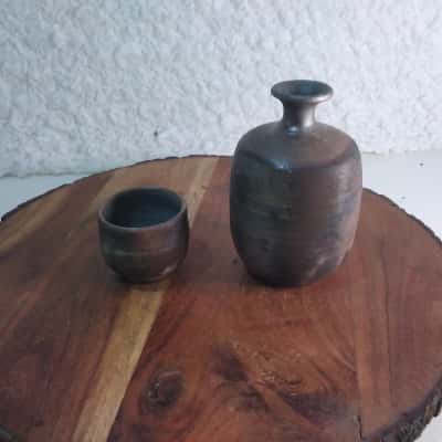 Vintage Japanese Bizen Sake Set - Tokkuri Bottle & Guinomi Cup