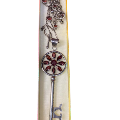 Women's Silver Tone Key Pendant Necklace with Flower Shape Design Featuring Red Stones
