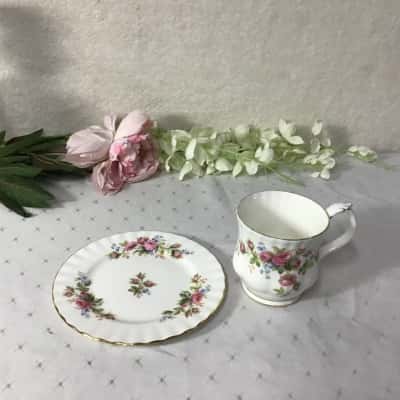 Vintage Royal Albert “Moss Rose” Bone China Mug & Side Plate