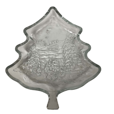 Christmas Tree Shape Dish with Etched Christmas Scene - VINTAGE