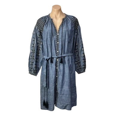 Valiante Womens Size 2 Blue Button-up Long Sleeve Midi Dress with Embroidered Trim (new)