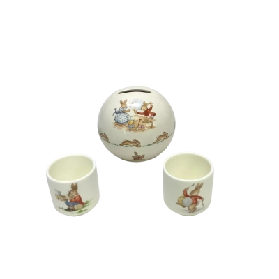Vintage Royal Doulton Bunnykins Porcelain Money Ball Bank & Two Egg Cups