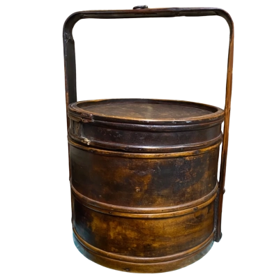 Antique Chinese Bamboo 2 Tiered Wedding Basket 