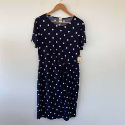 Anne Klein Navy Blue White Polka Dot SHort Sleeve Midi Dress  Size 14 