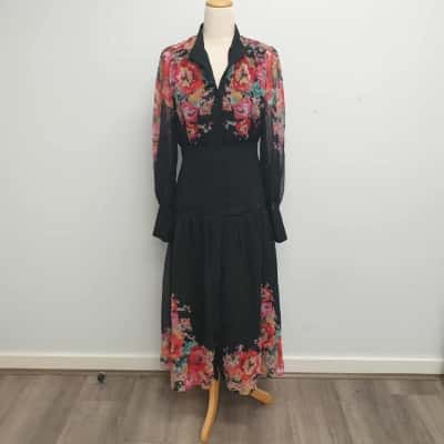 All About May /Super Classy /Black Sheer Floral Yoke & Hemline /Fitted Waist /Dress Size 12 - Brand New with Tags - RRP $109.00 