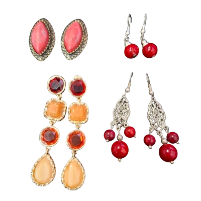  4 X Womens Earrings Gold tone / Red  beads/ stones/ Silver Tone