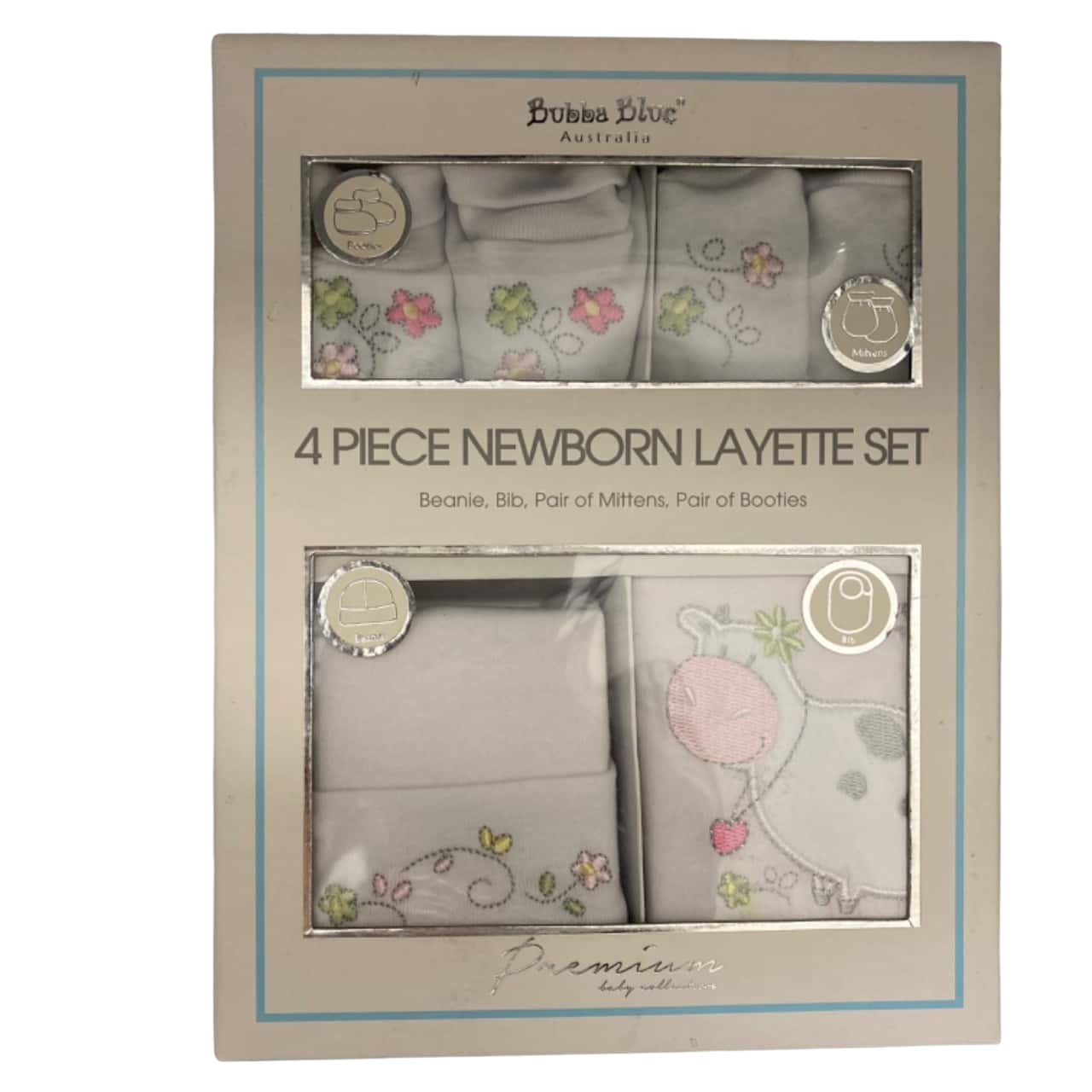 BNWT Bubba Blue Newborn Layette Set Beanie, Bib, mittens & Booties RRP