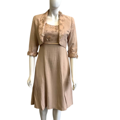 Ever Elegant Women's Size 6-8 Midi Dress and Jacket Set Beige 