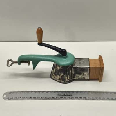 Vintage Hand Crank Rotary Table Clamp Cheese Nut Grater Teal Enamel Metal
