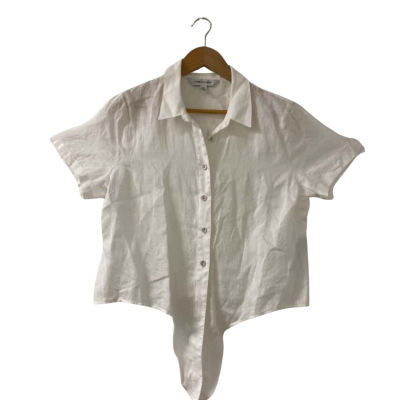 FOREVER NEW Women's Size 14 White Tie Front Short Sleeve Linen Shirt