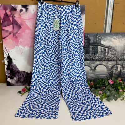 Womens Blue Warped Check Pants Size 10 Linen
