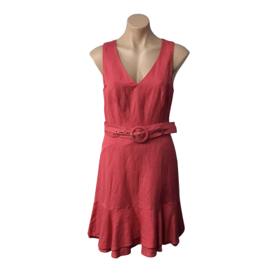 Portmans Womens Size 8 Coral Linen Blend V-neck Sleeveless Dress with Belt