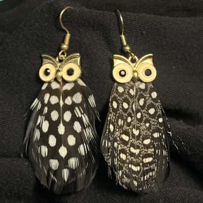 Gold Tone Feather Owl Earrings