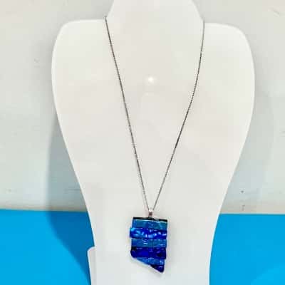 Handmade Dichroic Fused Blue Pendant 925 Silver Chain Necklace