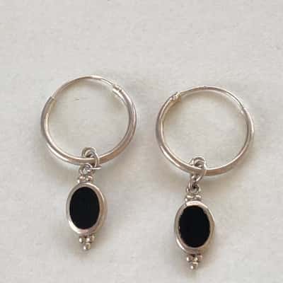 925 Sterling SIlver Small Hoop Black Crystal Earrings 