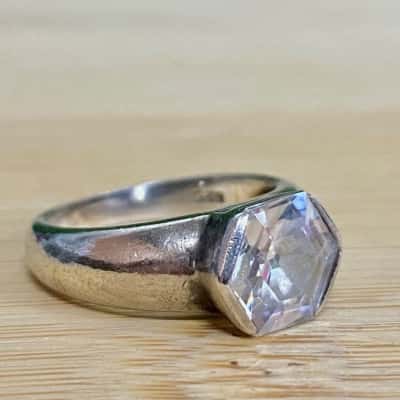 Sterling Silver Hexagon Diamante Ring (Stamped 925)