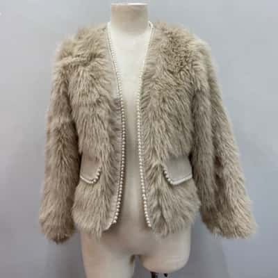  Zhennifushi  Size 10 / 8 Cropped Faux Fur Jacket Beaded Edges Natural 