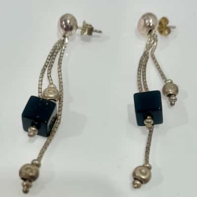 925 Silver Long Drop Earrings Black Cube Detail 