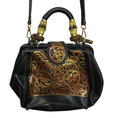  Unbranded Leather Look Handbag with Floral Stamp Detail