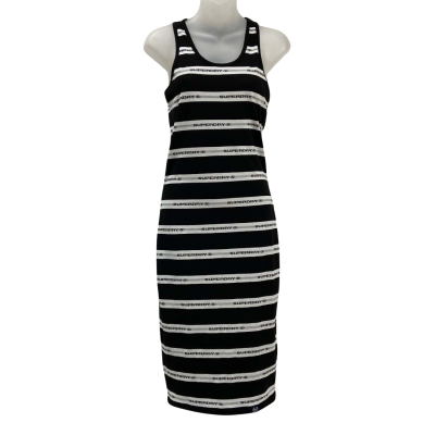 Superdry - Women's Mila Black and White Mono Text Stripe Midi Dress - Size 12UK