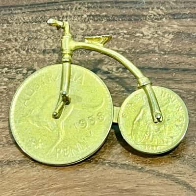 Vintage Gold Tone Penny Farthing 1958 Penny for Front Wheel Bike Brooch 