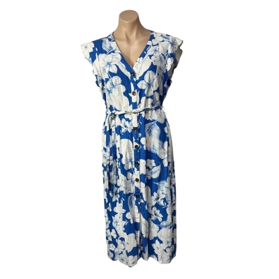 Khoko Smart Womens Size 12 Blue / White Floral Button-up Flutter Sleeve Midi Dress