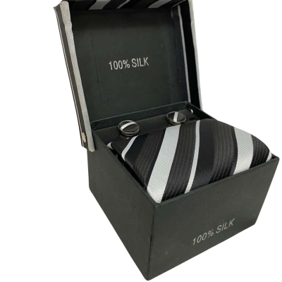  Mens Handkerchief / Ties / Cufflinks Black  / Grey / Silver / Striped 