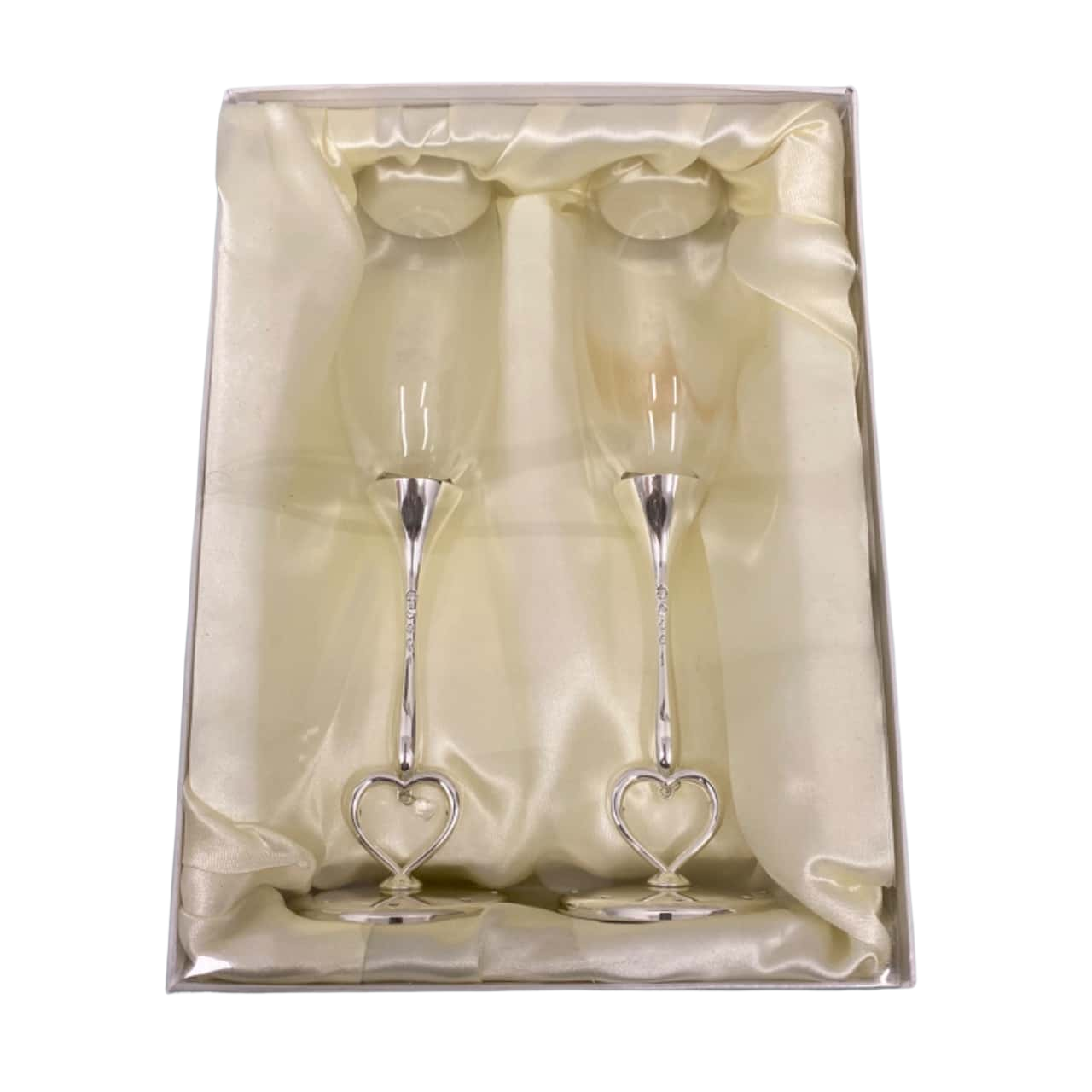 Set of 2 Wine Glasses with Silver Heart Steams in Gift Box