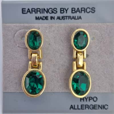 Elegant Vintage BARCS Gold-Tone & Green Crystal Stud Earrings