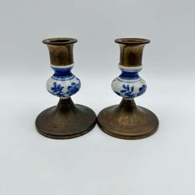 2 x Vintage Delft Floral Ceramic & Brass Candlestick Holders