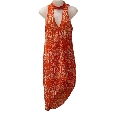 Bec & Bridge - Asymmetric Hem Dress in Orange and White Print.