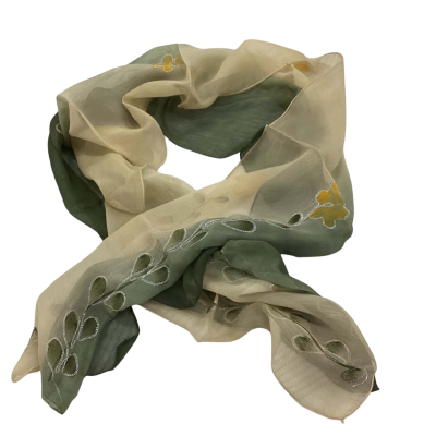  Womens  Sheer Vintage Scarf Olive  with Silver Embroidered Stitching