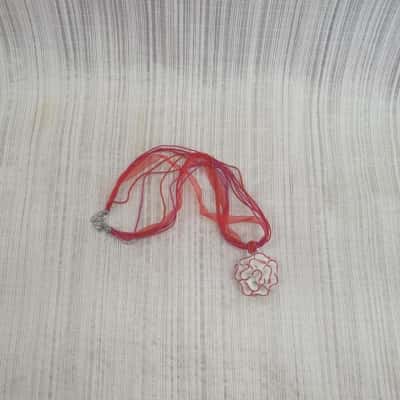 Stunningly Unusual /White Porcelain & Red Tip Rose Pendant on a Red Cord & Ribbon Necklace - Still with Box 